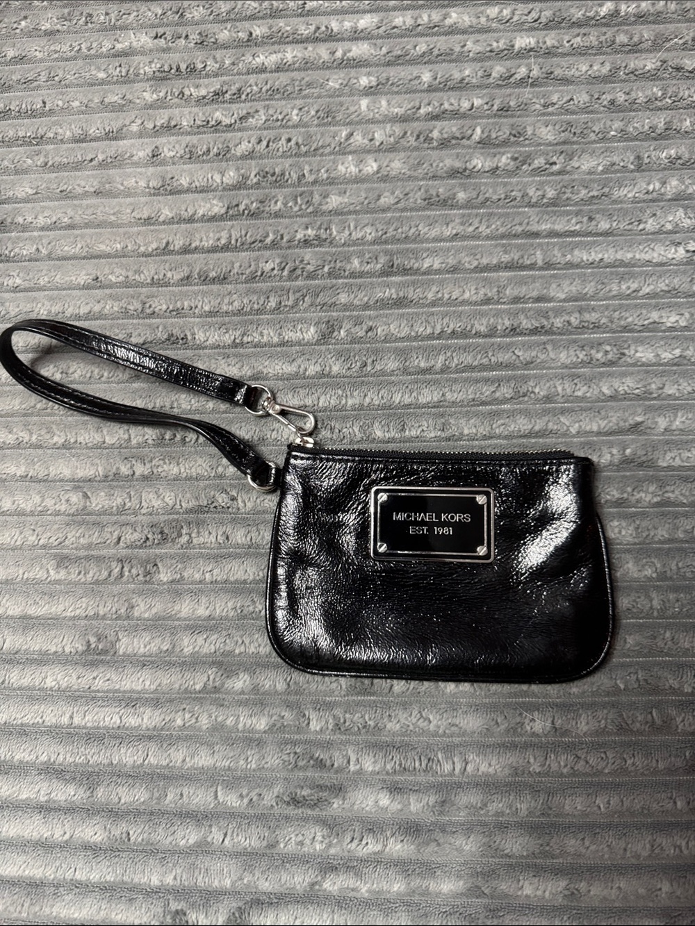 Michael Kors Black Patent Leather Wristlet Clutch with Logo Plaque